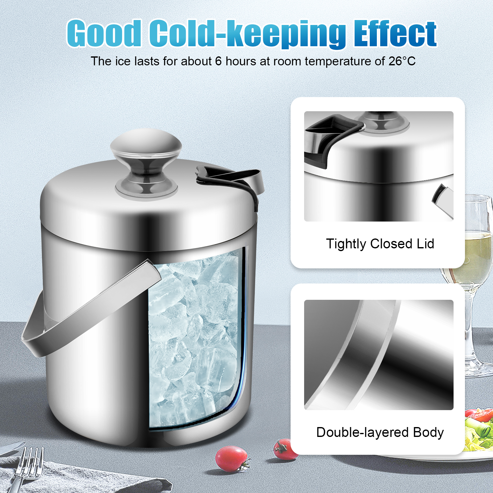 Ice Bucket Silver - 304 Double-Layer Stainless Steel 1.3l Insulated